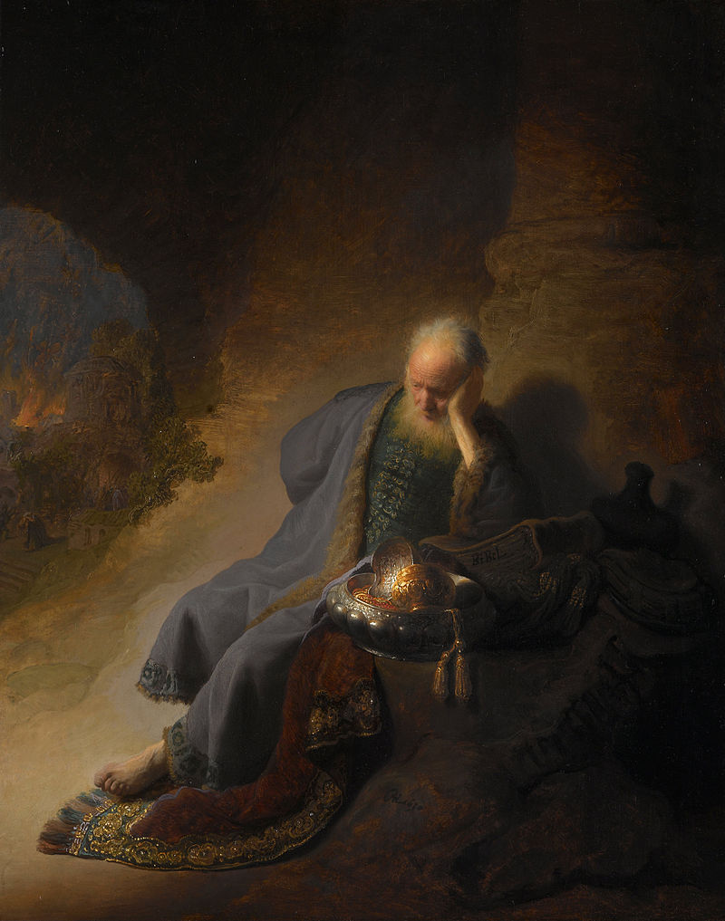 Jeremiah laments - Rembrandt van Rijn, Jeremiah Lamenting the Destruction of Jerusalem (c. 1630)